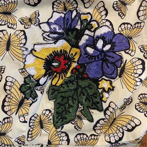 NIZA SPAIN YELLOW BUTTERFLY PRINT EMBROIDERED RIBBON SPLIT NECK SLEEVELESS DRESS - Picture 14 of 16